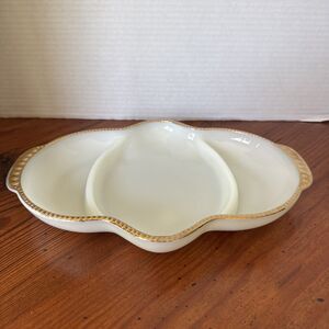 Vintage Anchor Hocking Fire King Wares Divided Milk Glass Tray White W Gold Trim
